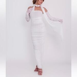 AMAZING MAE White Ruched Mesh Maxi Dress